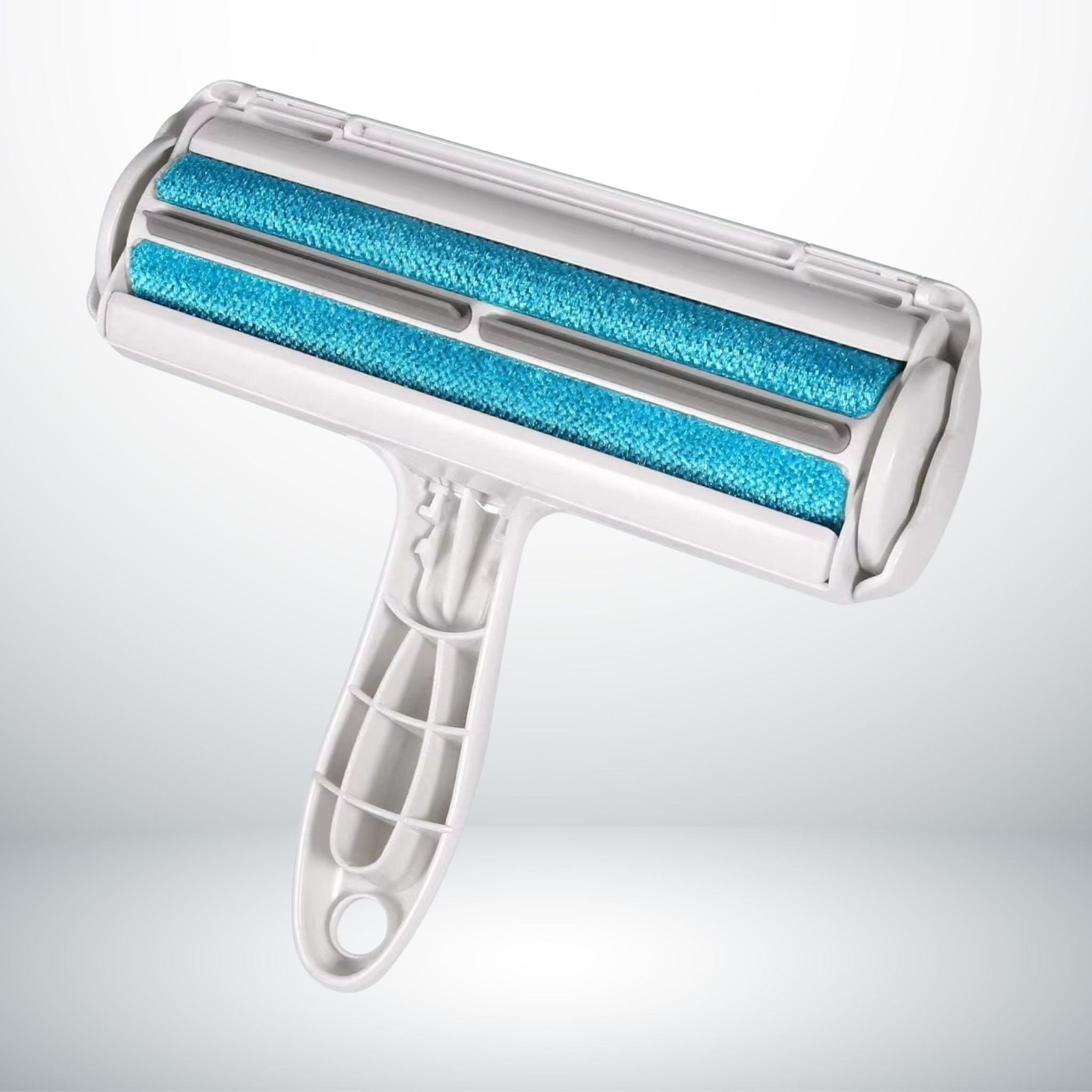 Self-cleaning pet hair roller with base for removing dog and cat fur from furniture and clothing